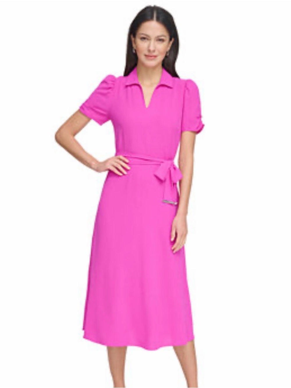 DKNY Hot Pink Collared Tie-Waist Midi Dress short sleeve shirt dress 8 Aline